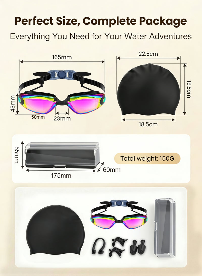 Axpeih 5-in-1 Anti-Fog Pro Swim Goggles Set for Adults with Silicone Swim Cap, Anti-Fog UV Protection, Clear Vision, 180° Panoramic, Durable PC Material - Waterproof Swimming Accessories Kit with Carry Case, Nose Clip, & Earplugs (Black Purple) - Image 5